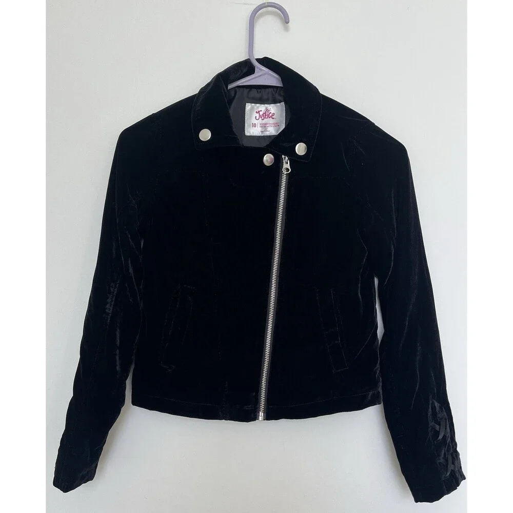 NWOT Justice Girls Black Velvet Moto Jacket Size 10 Lined Lace Up Sleeve